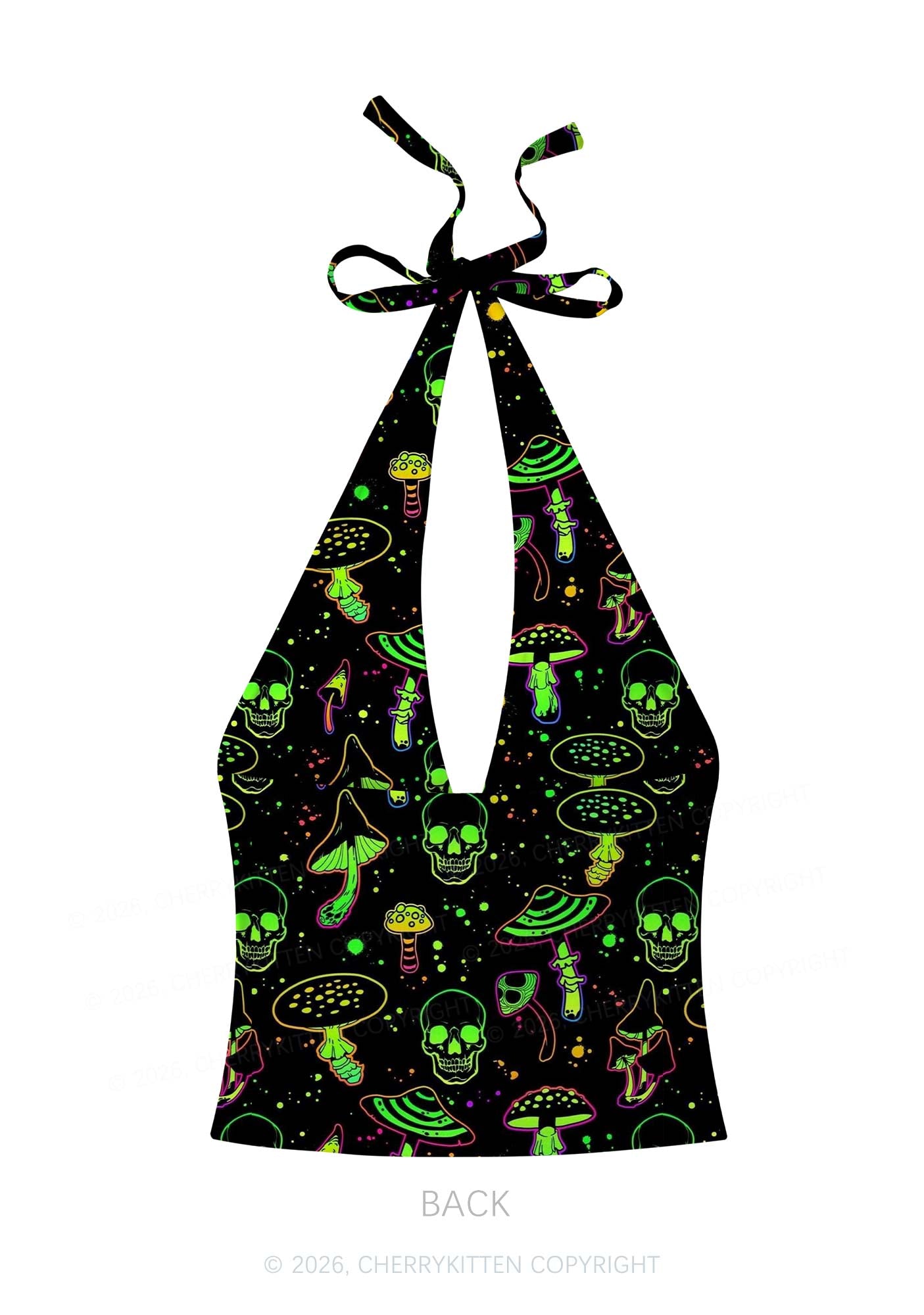 Neon Skull Mushroom Y2K Print Halter Deep V Neck Cami Cherrykitten