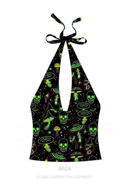 Neon Skull Mushroom Y2K Print Halter Deep V Neck Cami Cherrykitten