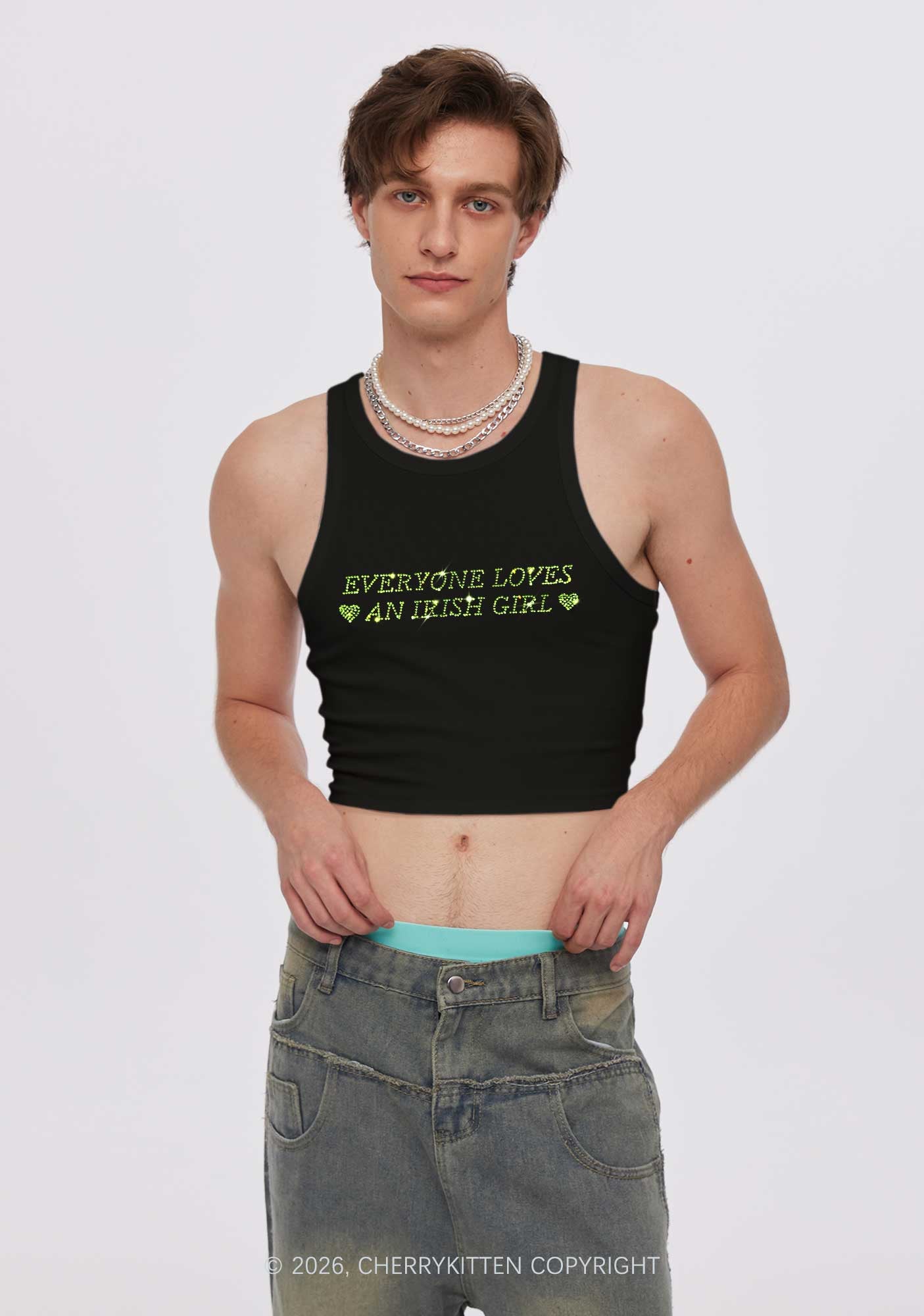 Rhinestone Everyone Loves Irish Girl St Patricks Y2K Crop Tank Top Cherrykitten