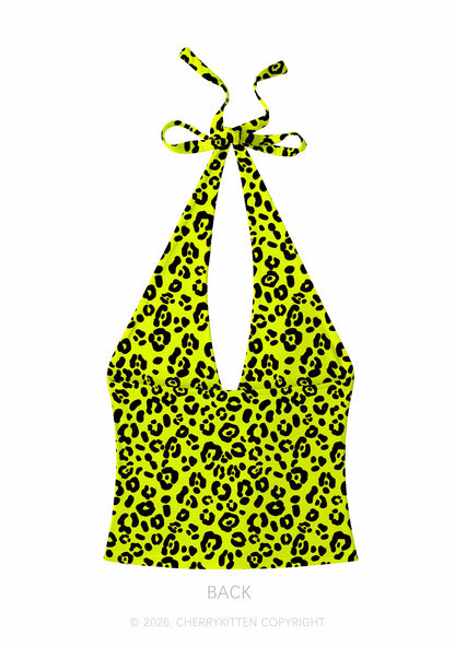 Neon Leopard Y2K Print Halter Deep V Neck Cami Cherrykitten