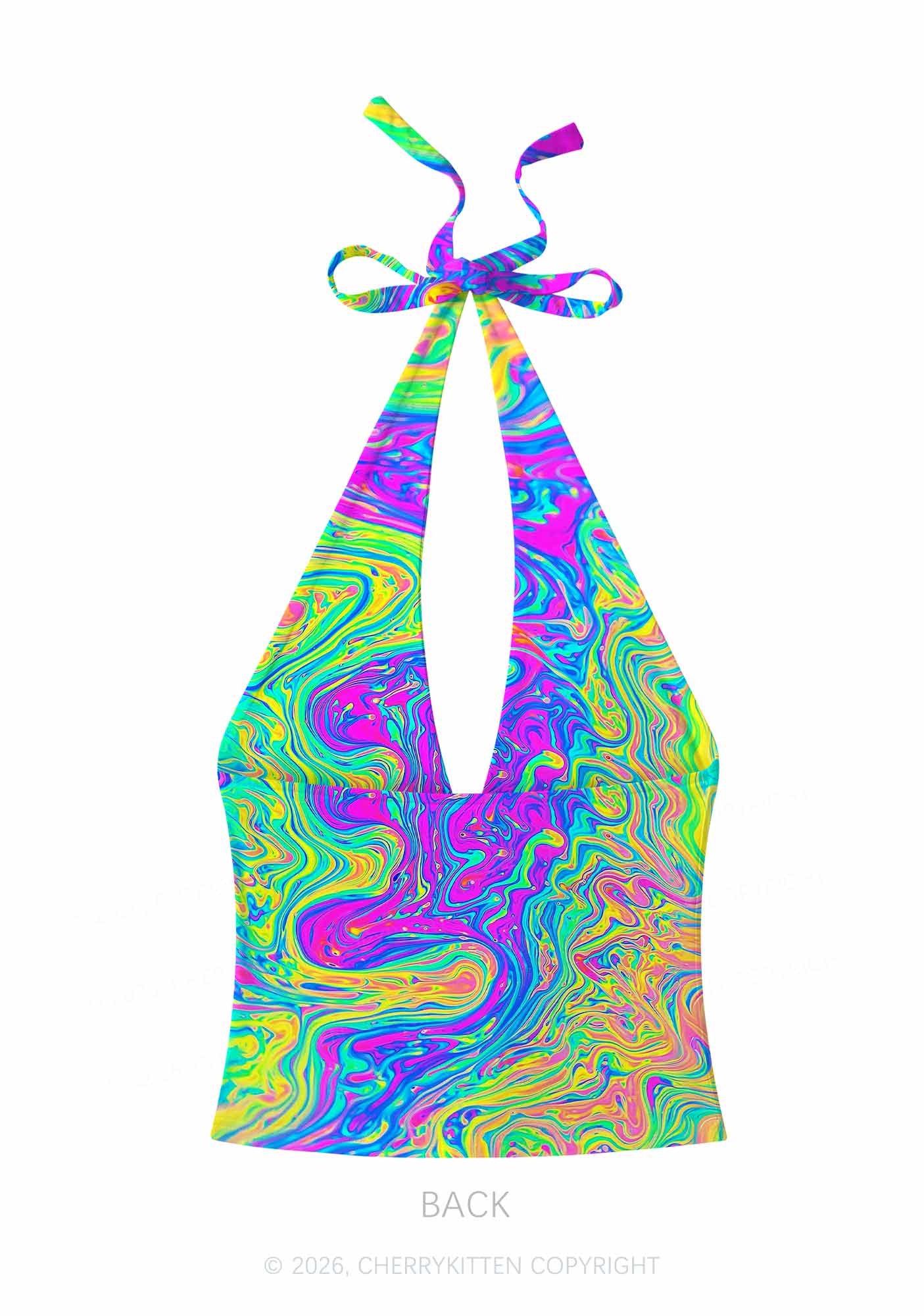 Rainbow Fluid Swirl Y2K Print Halter Deep V Neck Cami Cherrykitten