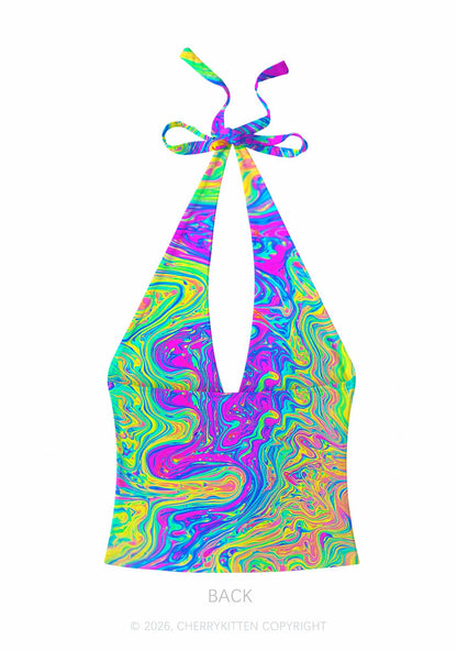 Rainbow Fluid Swirl Y2K Print Halter Deep V Neck Cami Cherrykitten