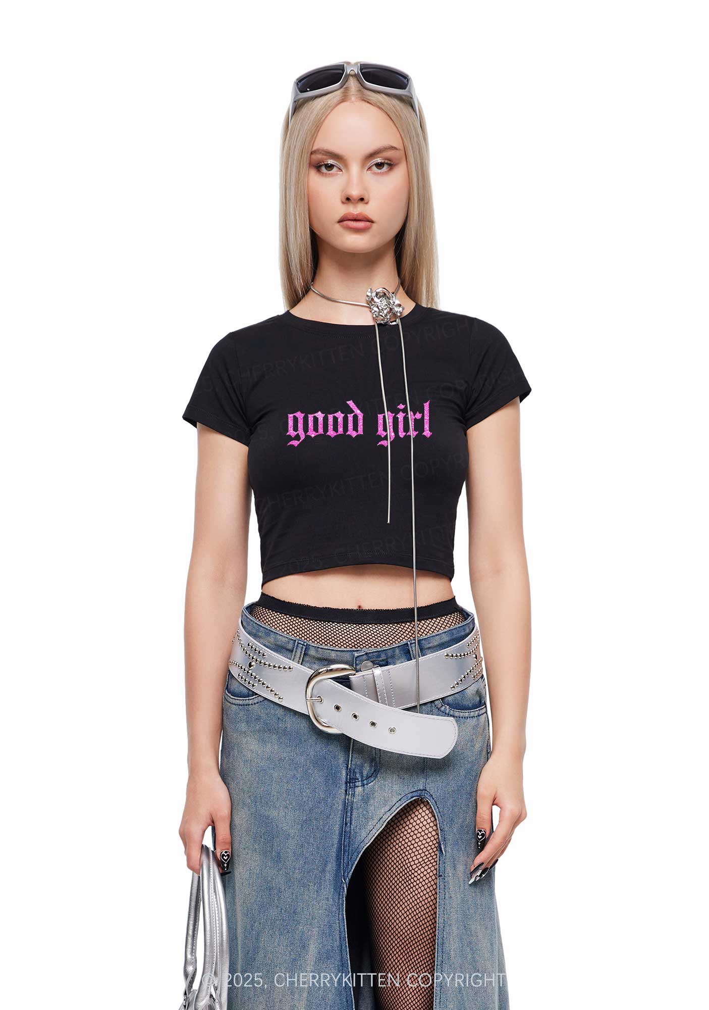 Glitter Good Girl Y2K Baby Tee Cherrykitten