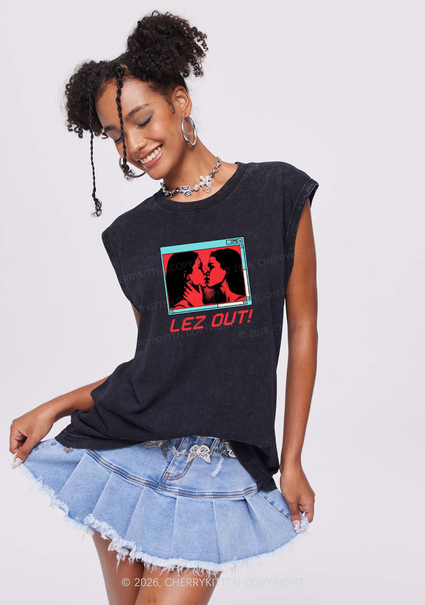 Lez Out Pride Y2K Washed Muscle Tank Cherrykitten