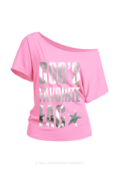Gods Favorite Fag Pride Silver Foil Printed Y2K Off Shoulder Tee Cherrykitten