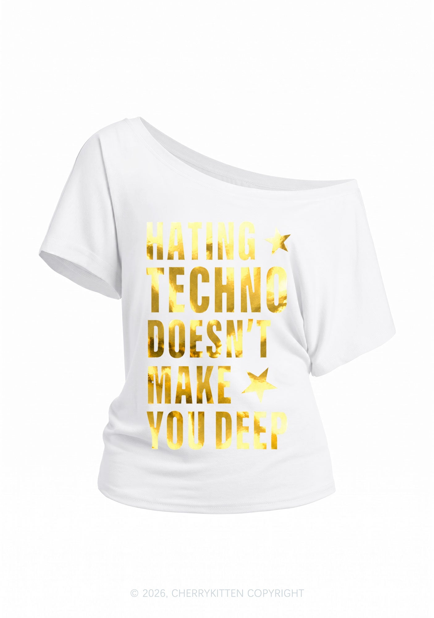 Hating Techno Silver Foil Printed Y2K Off Shoulder Tee Cherrykitten