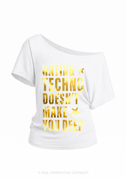 Hating Techno Silver Foil Printed Y2K Off Shoulder Tee Cherrykitten