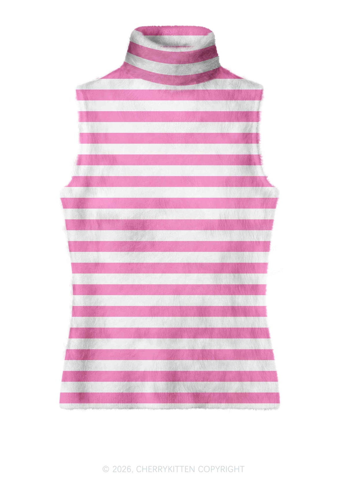 Hot Pink White Stripes Y2K Knit Turtleneck Tank Top Cherrykitten