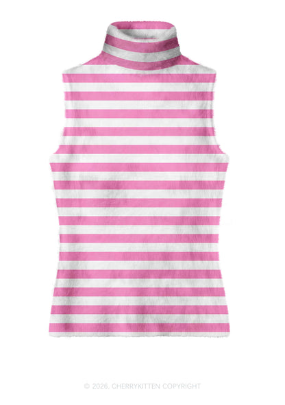 Hot Pink White Stripes Y2K Knit Turtleneck Tank Top Cherrykitten