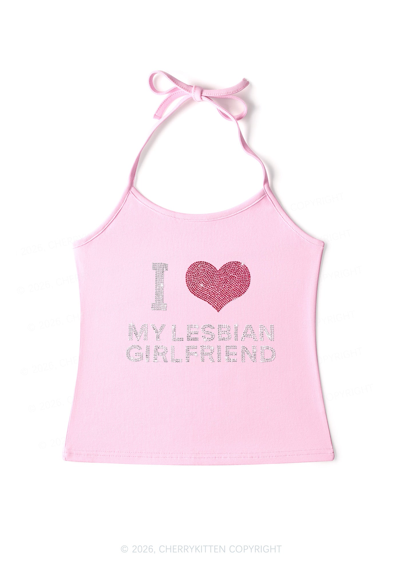 Rhinestone I Love My Lesbian GF Pride Y2K Halter Neck Cami Cherrykitten