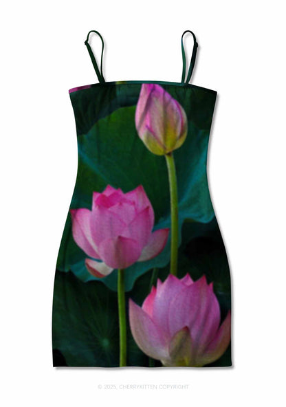 Lotus Flower Y2K Print Slip Dress Cherrykitten