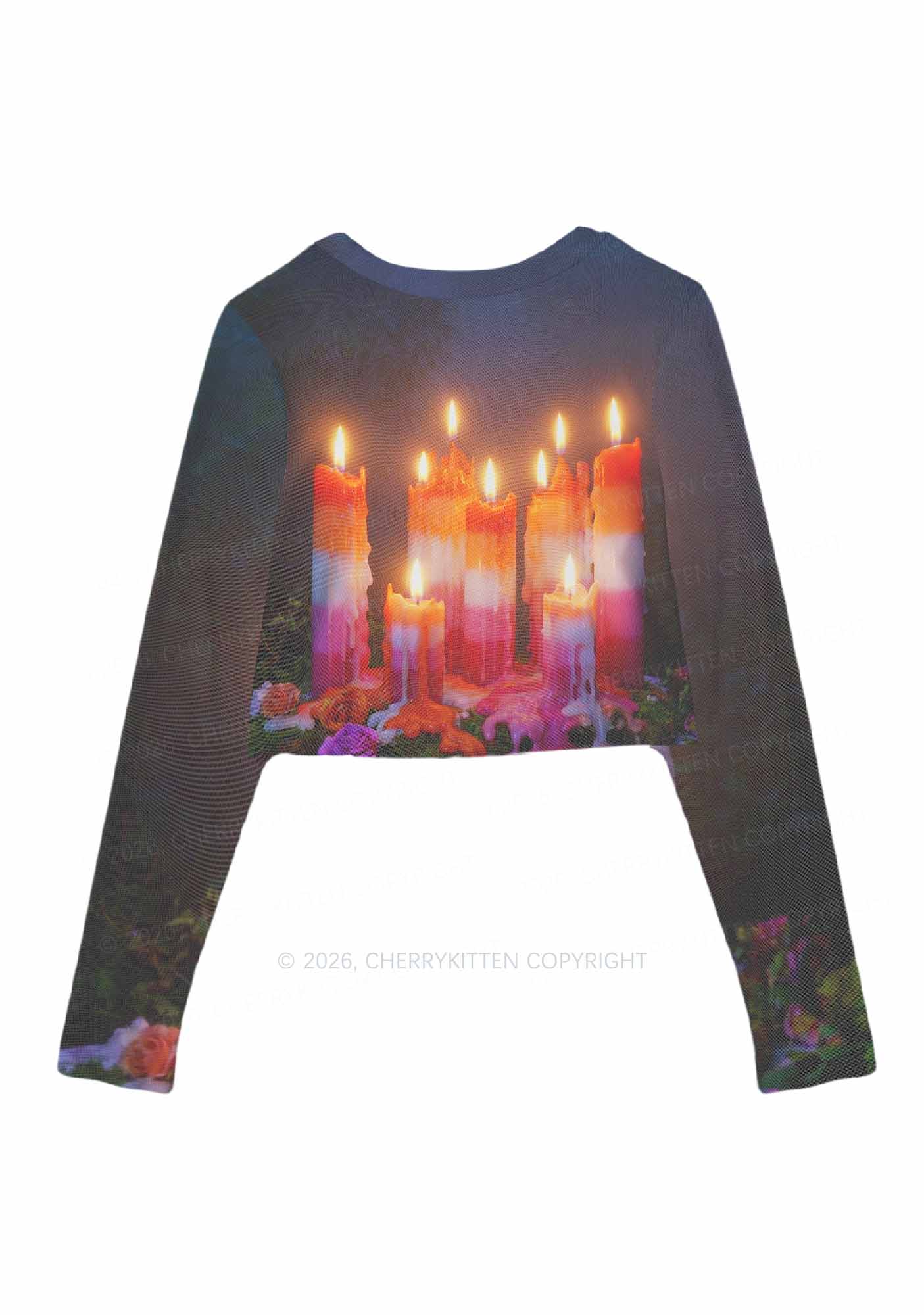 Lesbian Melting Candles Pride Y2K Mesh Long Sleeve Crop Top Cherrykitten