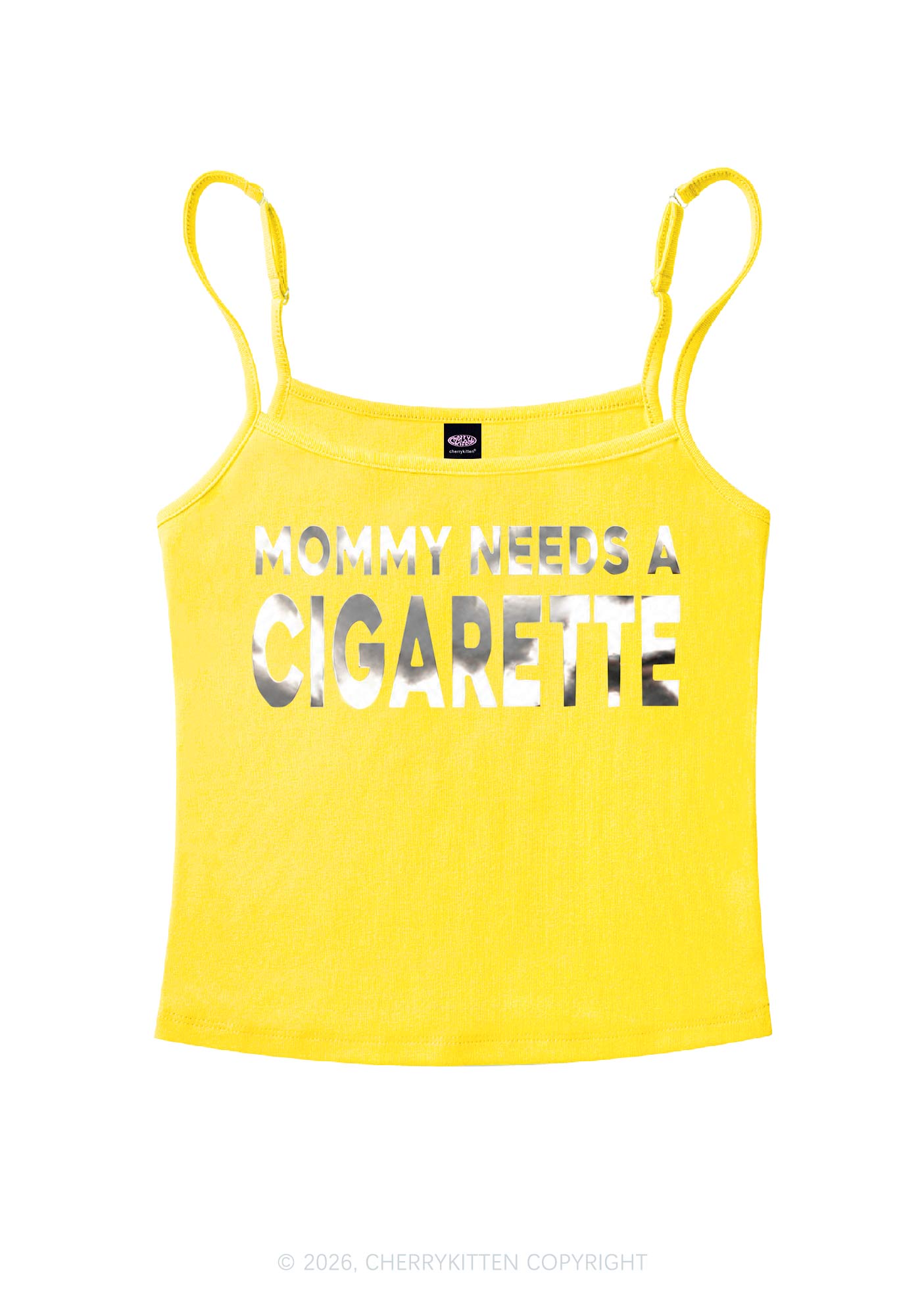 Mommy Needs A Cigarette Silver Foil Printed Y2K Spaghetti Strap Cami Cherrykitten