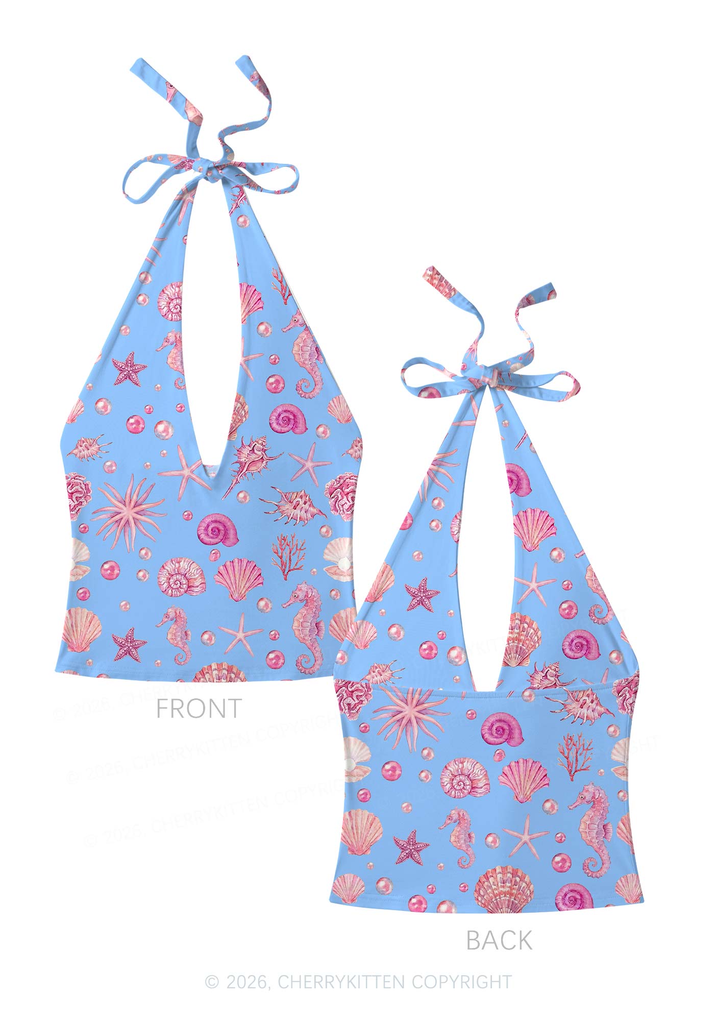 Pink Seashell Starfish Y2K Print Halter Deep V Neck Cami Cherrykitten