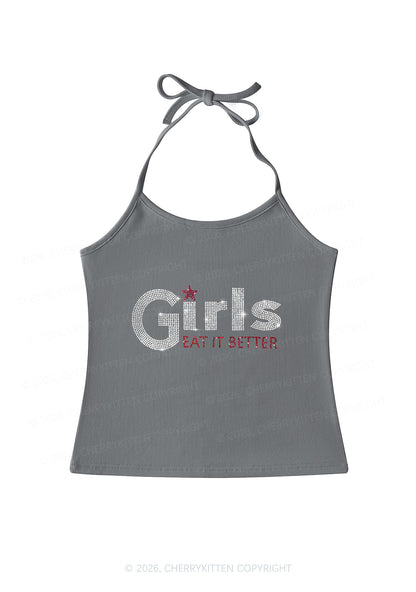 Rhinestone Girls Eat It Better Pride Y2K Halter Neck Cami Cherrykitten
