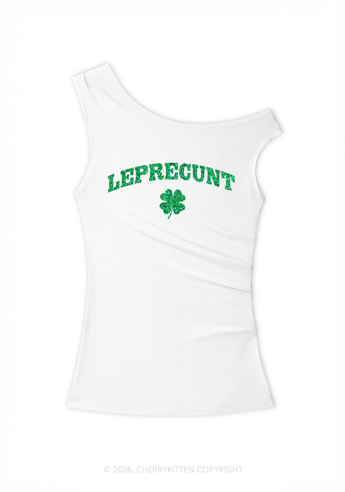 Glitter Leprecunt St Patricks Y2K Off Shoulder Tank Top Cherrykitten