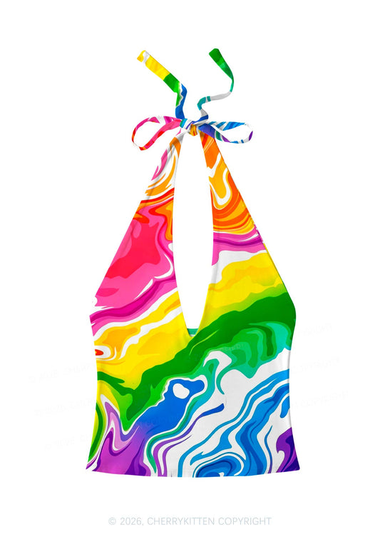 Rainbow Liquid Tie Dye Pride Y2K Print Halter Deep V Neck Cami Cherrykitten