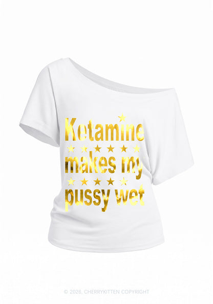 K Makes My Puxxy Wet Silver Foil Printed Y2K Off Shoulder Tee Cherrykitten