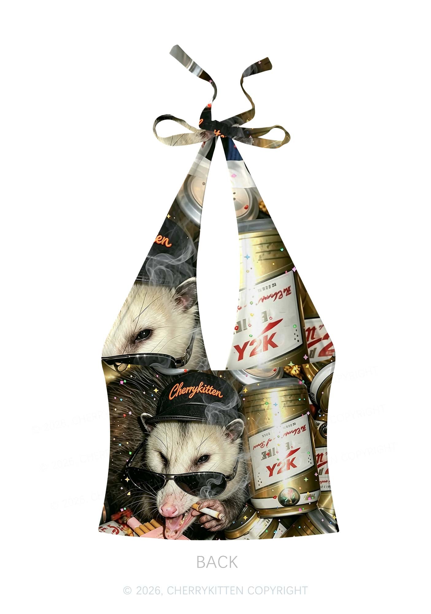 Smoking Opossum Y2K Print Halter Deep V Neck Cami Cherrykitten
