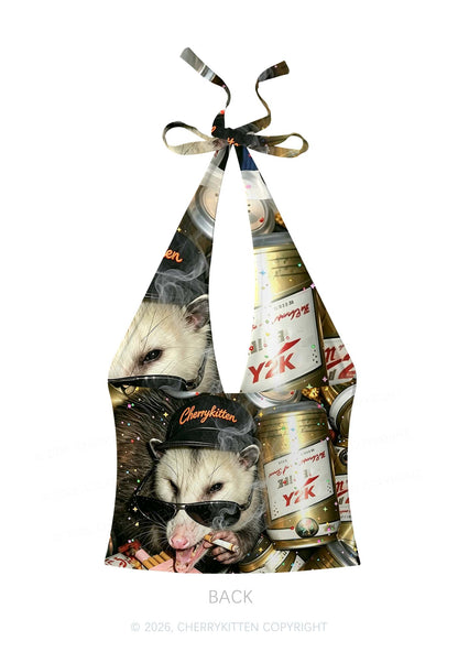 Smoking Opossum Y2K Print Halter Deep V Neck Cami Cherrykitten