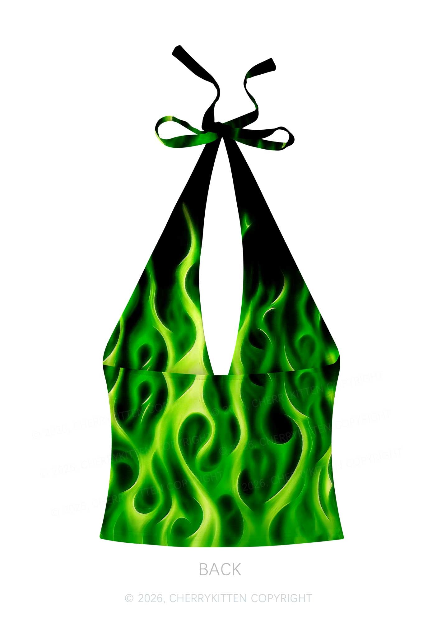 Neon Green Flame Y2K Print Halter Deep V Neck Cami Cherrykitten