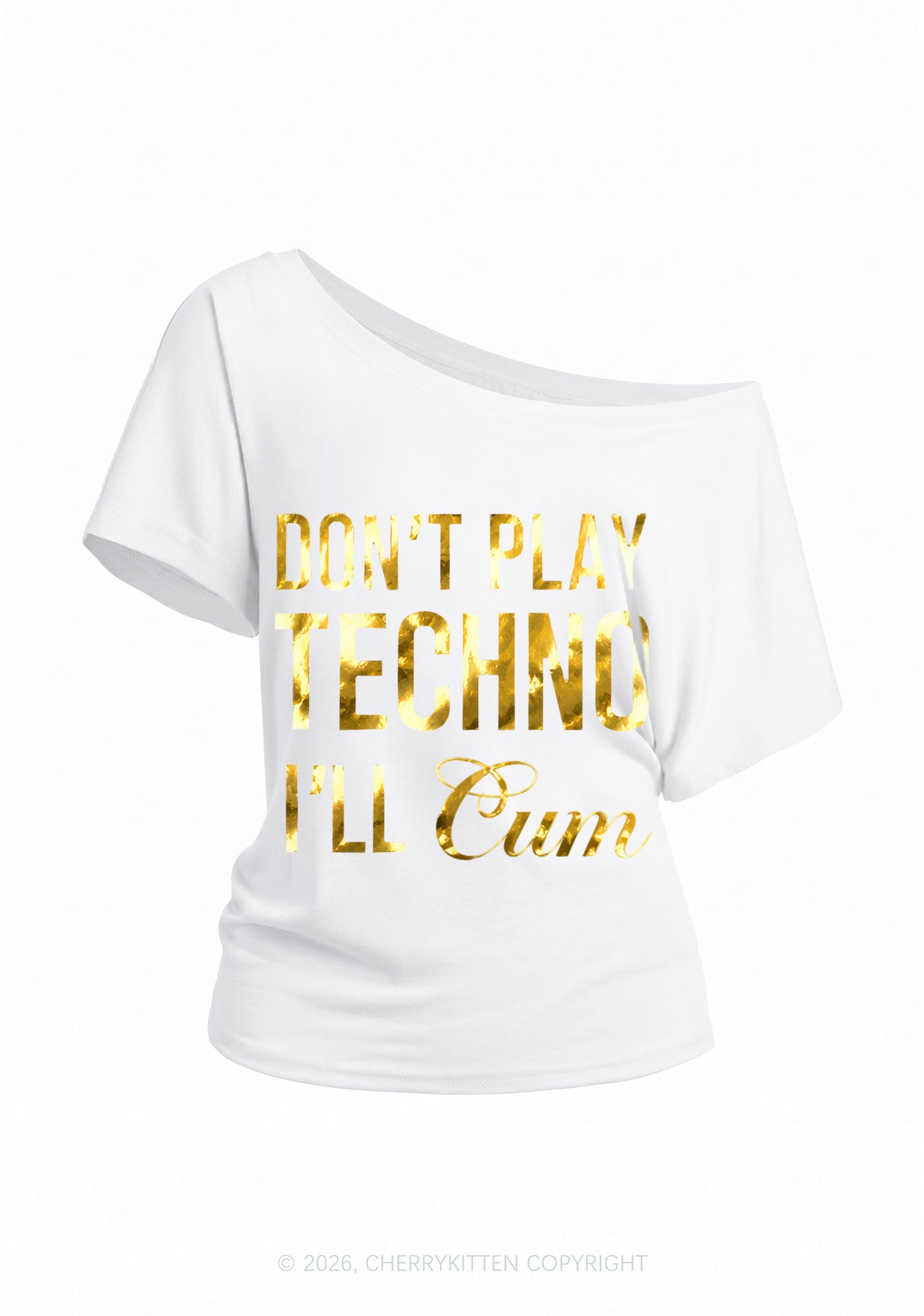 Dont Play Techno Silver Foil Printed Y2K Off Shoulder Tee Cherrykitten