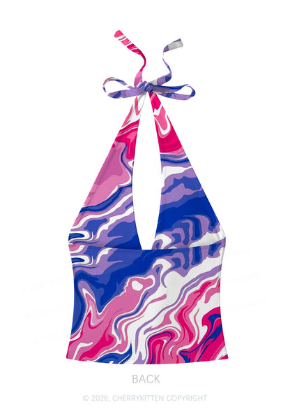 Bisexual Liquid Tie Dye Pride Y2K Print Halter Deep V Neck Cami Cherrykitten