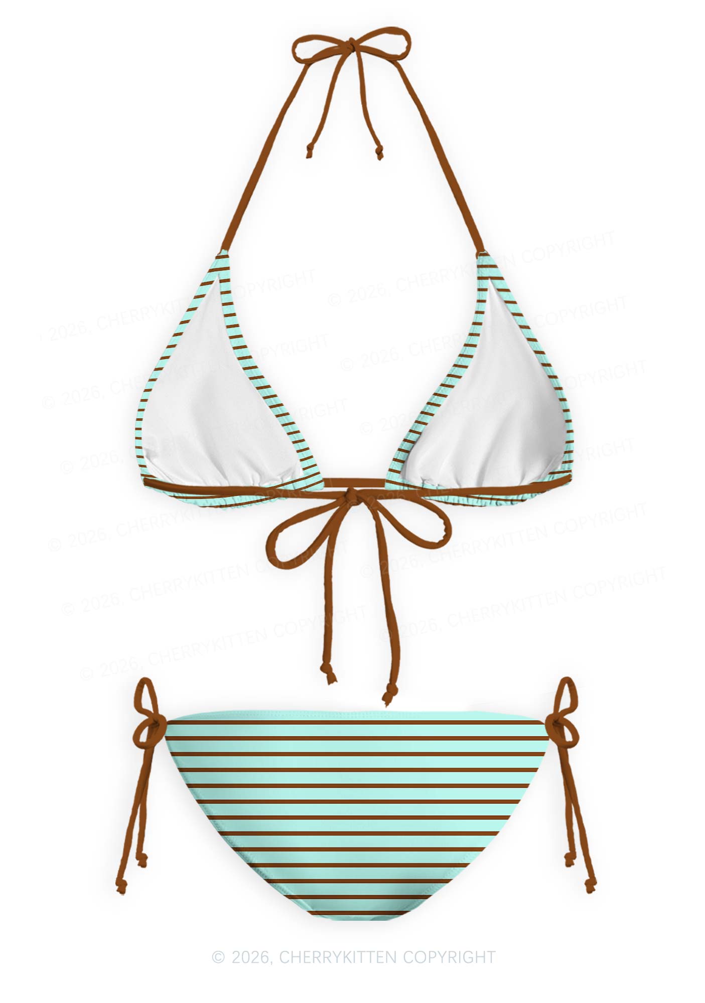 Mint Brown Stripes Y2K Print Bikini Set Cherrykitten