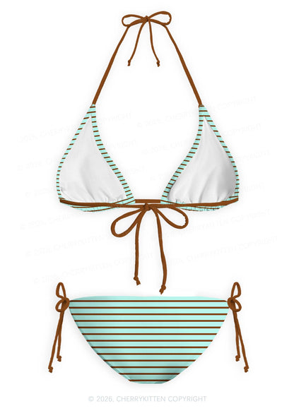 Mint Brown Stripes Y2K Print Bikini Set Cherrykitten