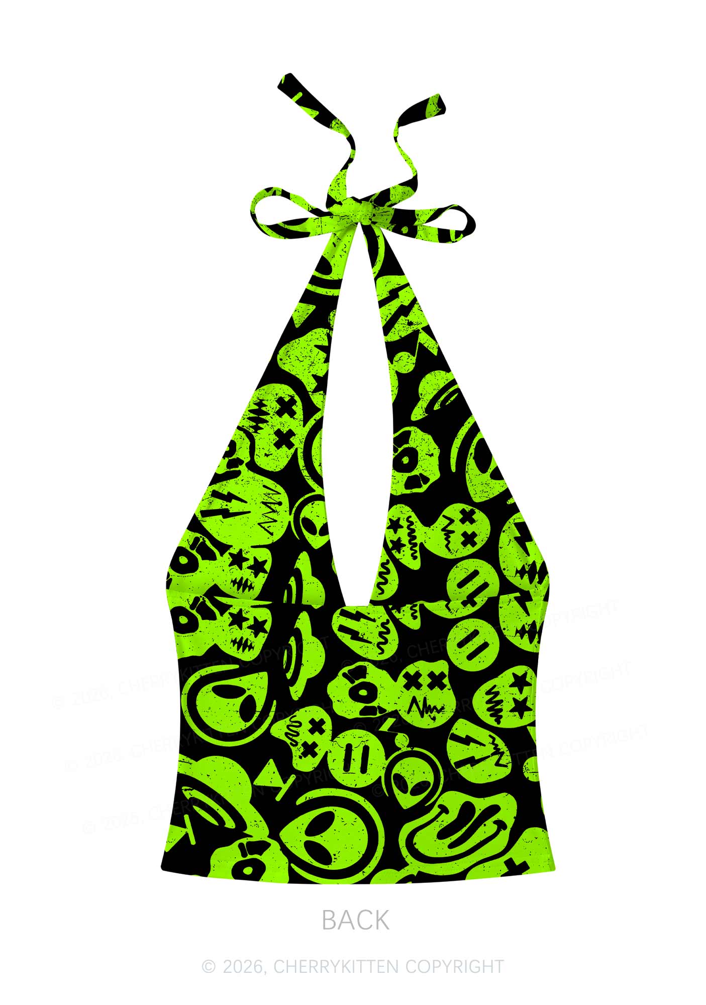 Green Alien Doodle Y2K Print Halter Deep V Neck Cami Cherrykitten