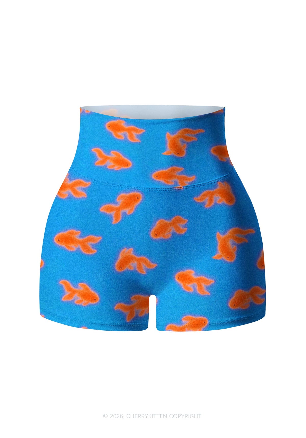 Orange Goldfish On Blue Y2K Print Gym Shorts Cherrykitten