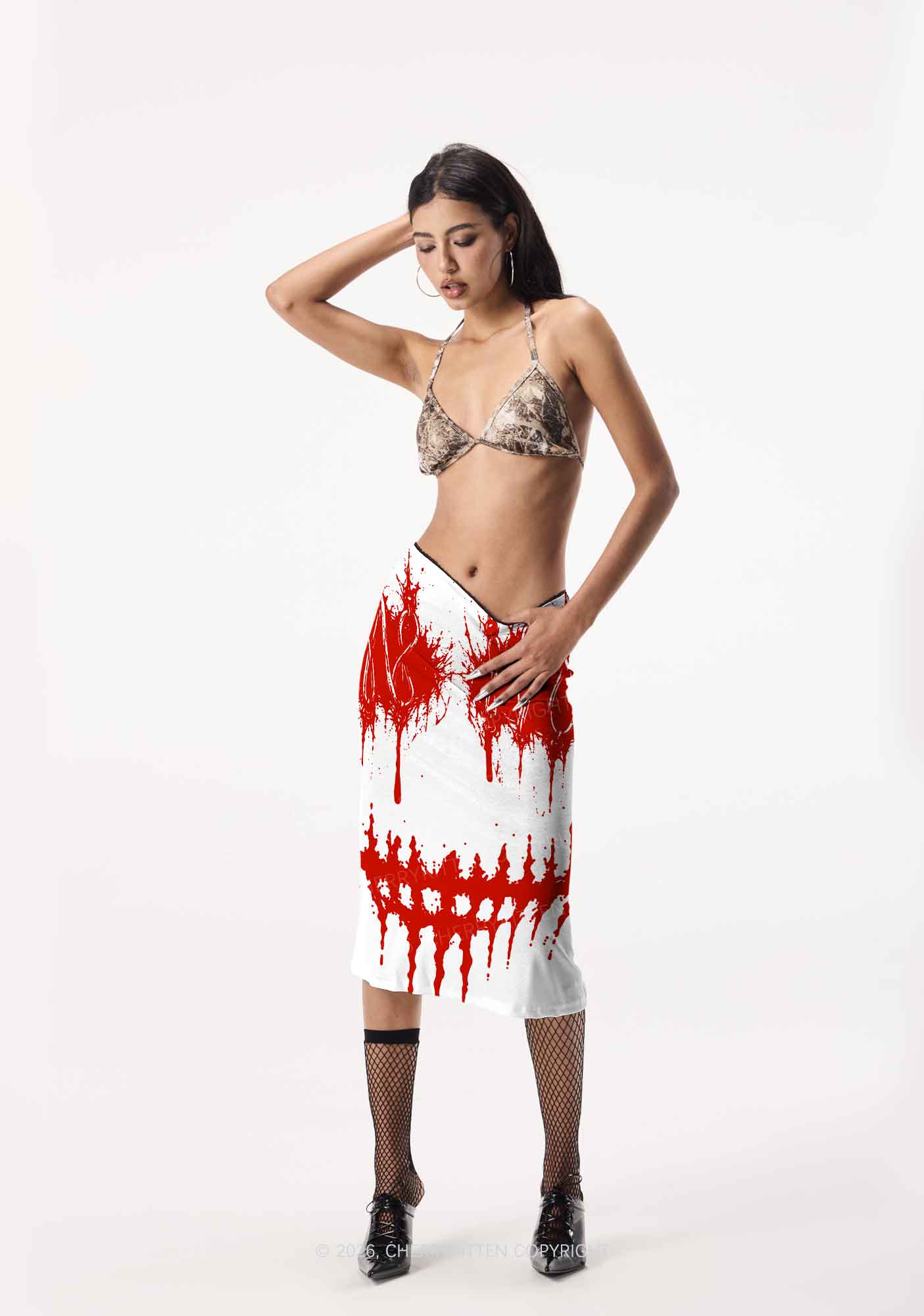 Halloween Blood Drip Face Y2K Print Midi Skirt Cherrykitten