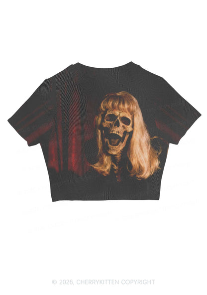 Halloween Blonde Skull Y2K Mesh Crop Top Cherrykitten