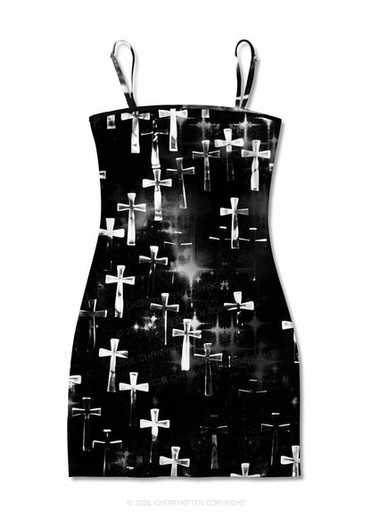 Halloween Silver Cross On Black Y2K Print Slip Dress Cherrykitten