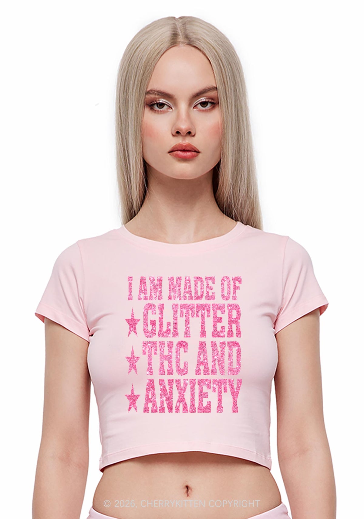 Made Of Glitter Thc Anxiety Y2K Baby Tee Cherrykitten