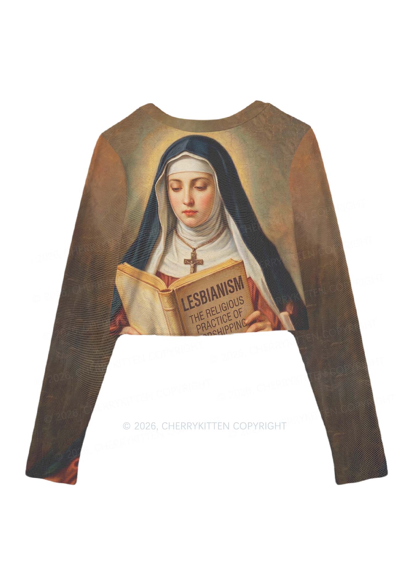 Lesbianism Nun Pride Y2K Mesh Long Sleeve Crop Top Cherrykitten