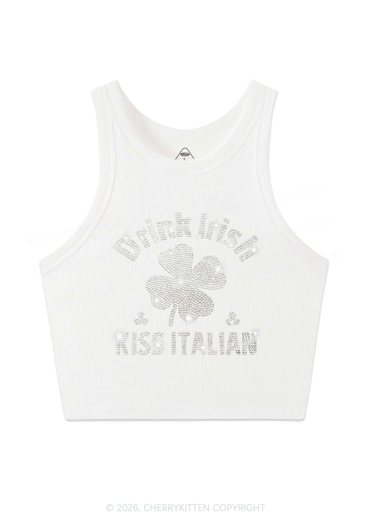 Rhinestone Drink Irish Kiss Italian St Patricks Y2K Crop Tank Top Cherrykitten