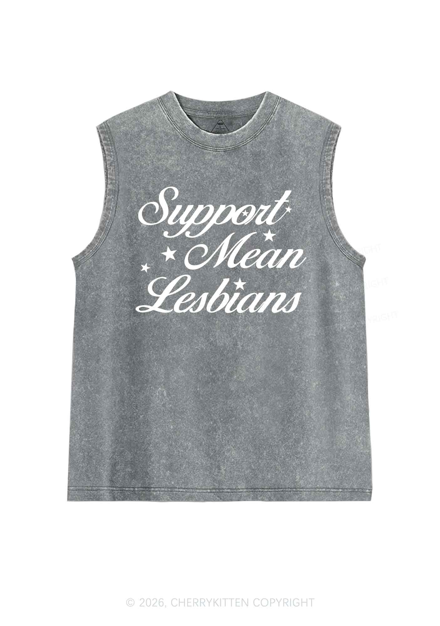 Support Mean Leabians Pride Y2K Washed Muscle Tank Cherrykitten
