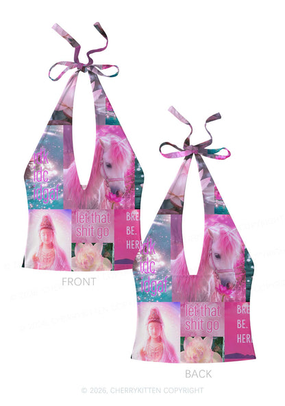 Pink Unicorn Collage Art Y2K Print Halter Deep V Neck Cami Cherrykitten
