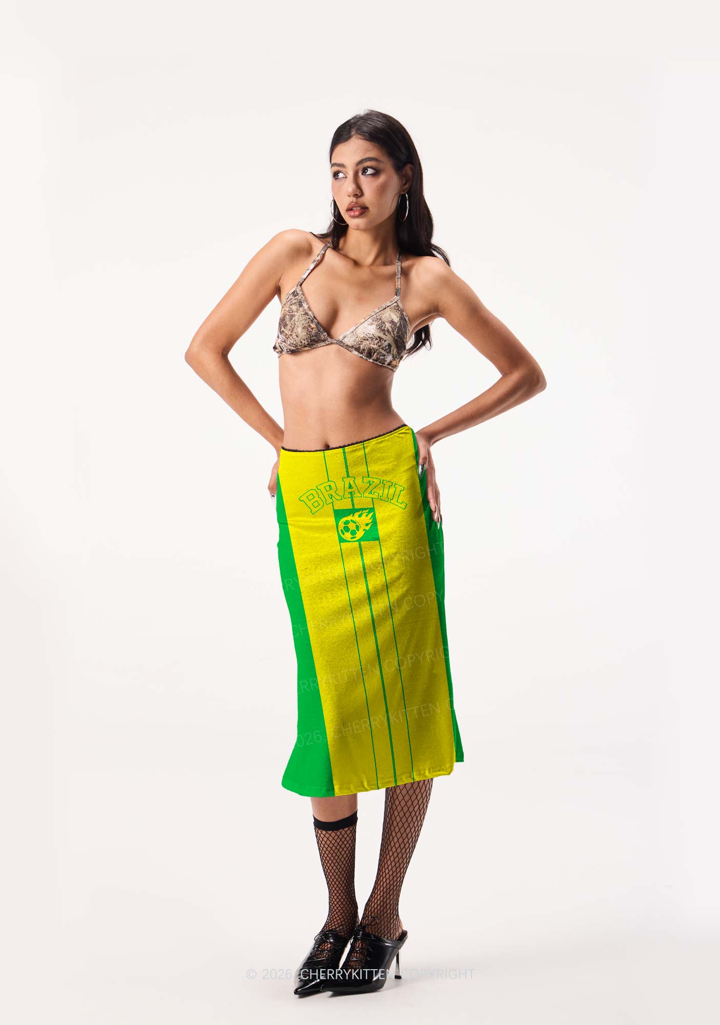 Green Yellow Vertical Stripe Y2K Print Midi Skirt Cherrykitten