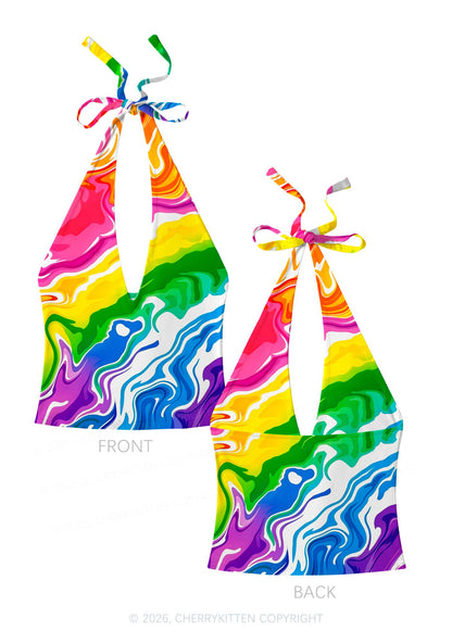Rainbow Liquid Tie Dye Pride Y2K Print Halter Deep V Neck Cami Cherrykitten