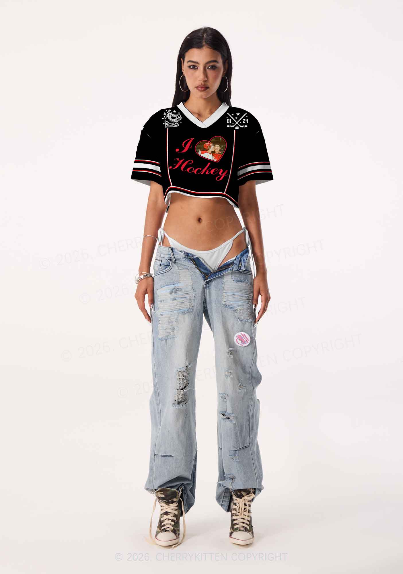 Black I Love Hockey HR Y2K Crop Sport Jersey Shirts Cherrykitten
