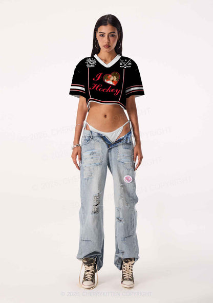 Black I Love Hockey HR Y2K Crop Sport Jersey Shirts Cherrykitten