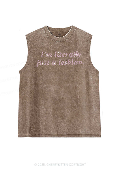 Rhinestone Literally Just A Lesbian Pride Y2K Washed Muscle Tank Cherrykitten