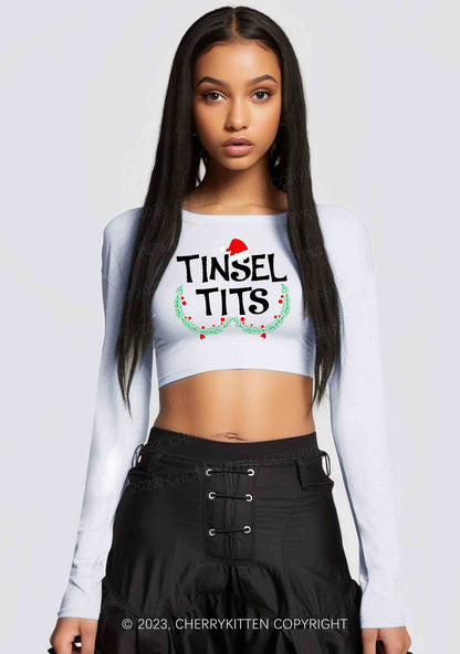 Christmas Hat Tinsel Txts Y2K Long Sleeve Crop Top Cherrykitten