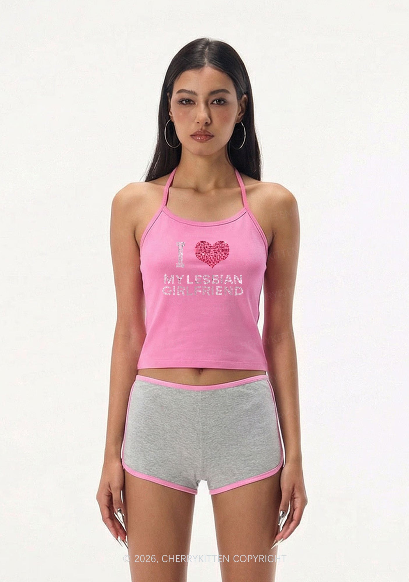 Rhinestone I Love My Lesbian GF Pride Y2K Halter Neck Cami Cherrykitten