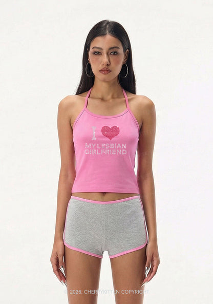 Rhinestone I Love My Lesbian GF Pride Y2K Halter Neck Cami Cherrykitten