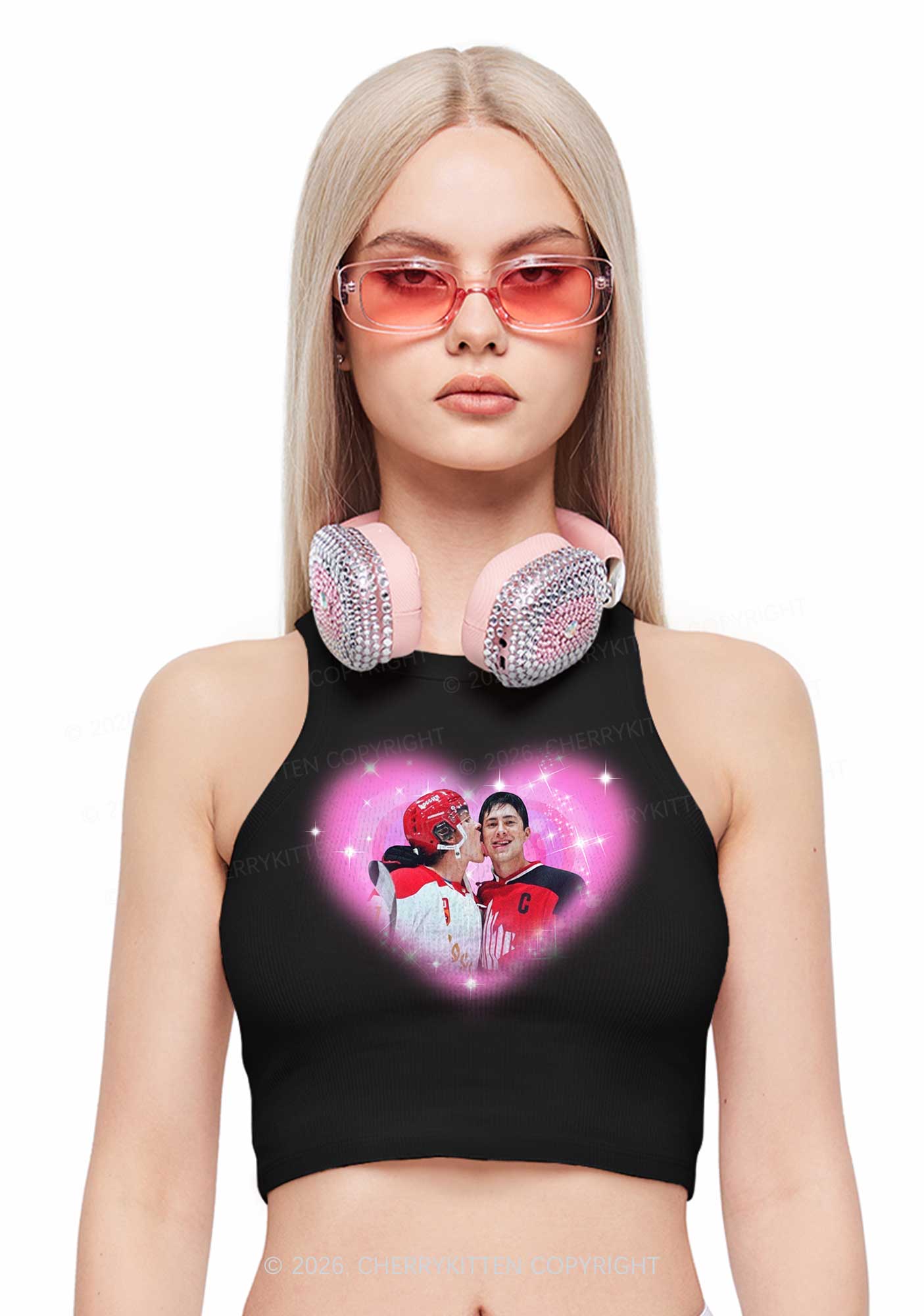Sparkle Pink Heart Kissing Y2K Crop Tank Top Cherrykitten