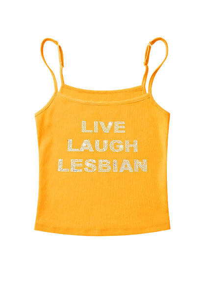 Rhinestone Live Laugh Lesbian Pride Y2K Spaghetti Strap Cami Cherrykitten