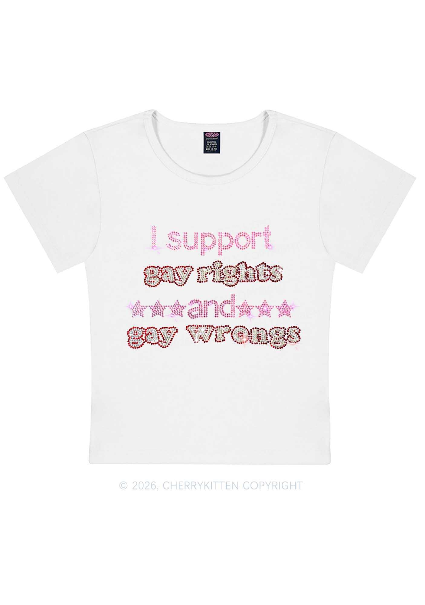 Rhinestone I Support Gay Rights Y2K Baby Tee Cherrykitten